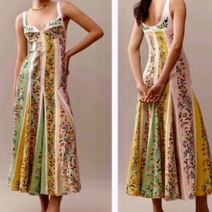 Christian Lacroix Floral Panel Midi Dress in Pastel Yellow, Green & Pink